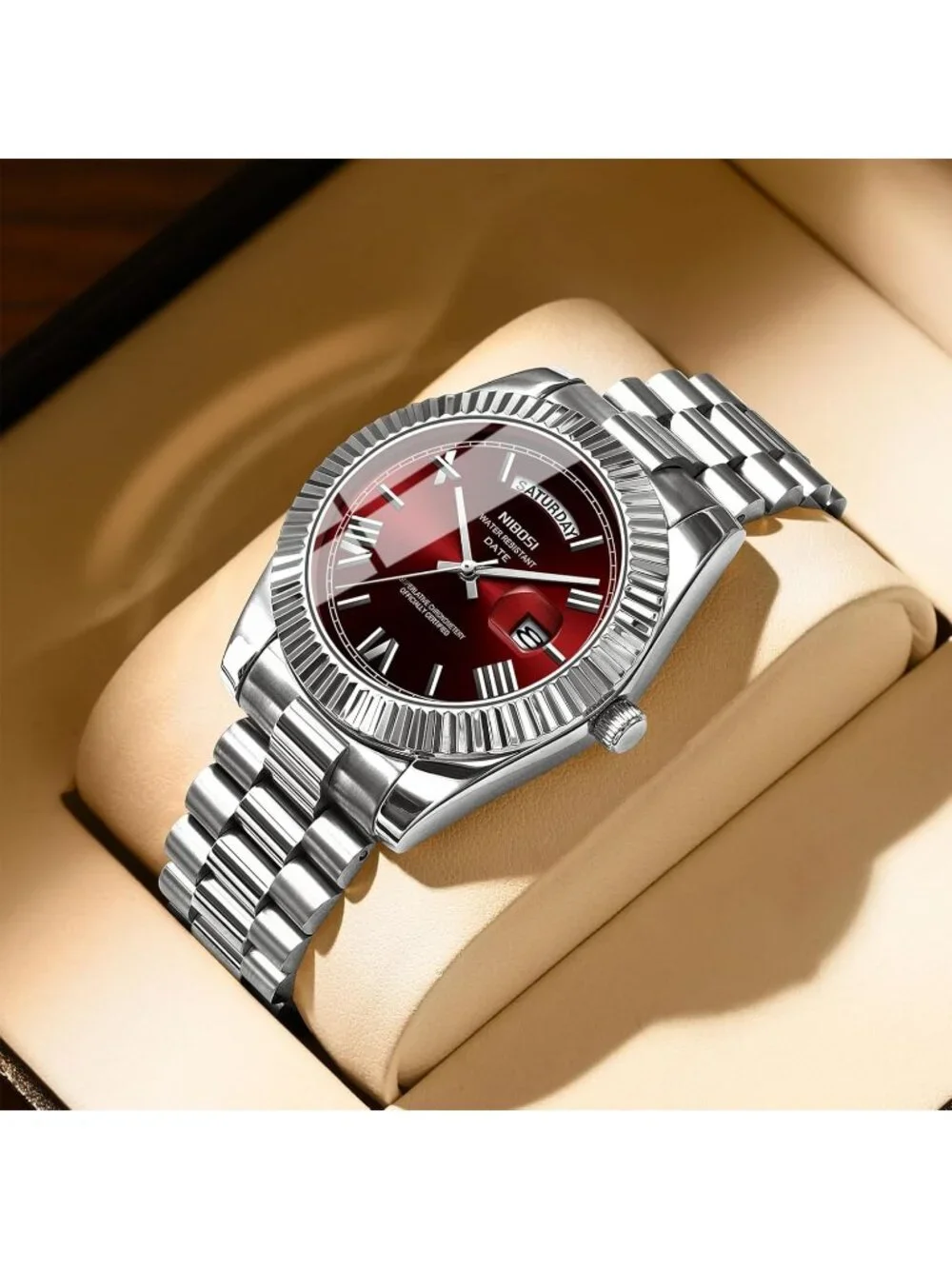 Nibosi Men's Silver Red Analog Quartz Stainless Waterproof Desiger Wrist Watch